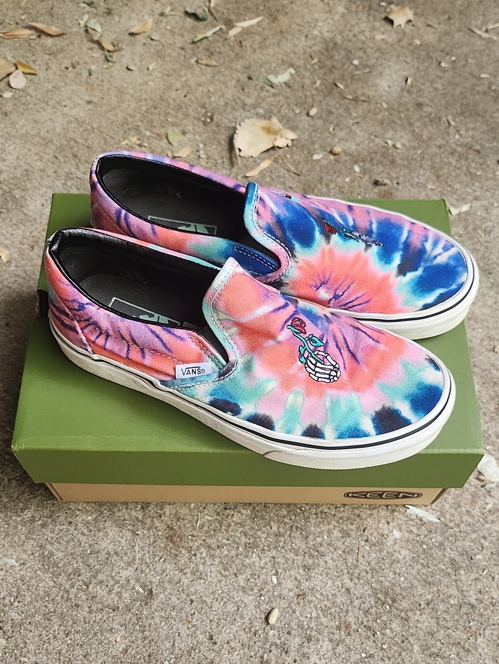 Vans Tie-Dye Slip-Ons With Skeleton/Rose Embroidery